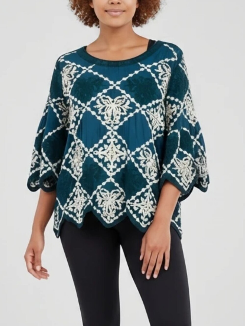 Anthropologie x Kindred teal and white‎ heavily embroidered triangle trim shirt